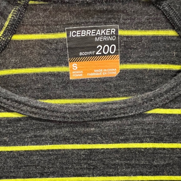 Icebreaker Merino Bodyfit 200 Wool Charcoal and Neon Yellow Striped Top - Picture 3 of 5